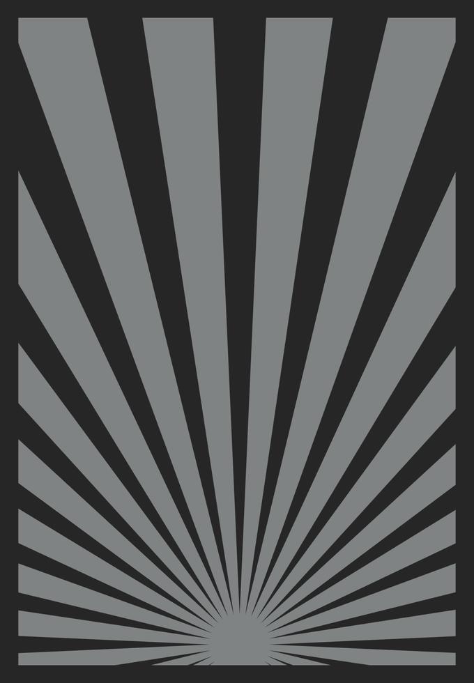 cartel de rayas de rayos de sol grises monocromáticas vintage con rayos centrados en la parte inferior. Plantilla de afiche vertical con ráfagas de sol grunge de inspiración retro. vector