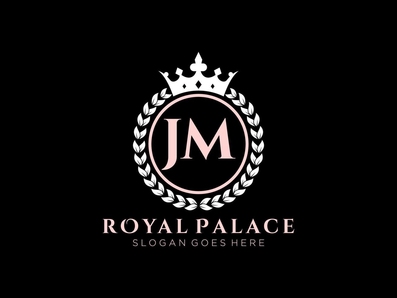 Letter JM Antique royal luxury victorian logo with ornamental frame. vector