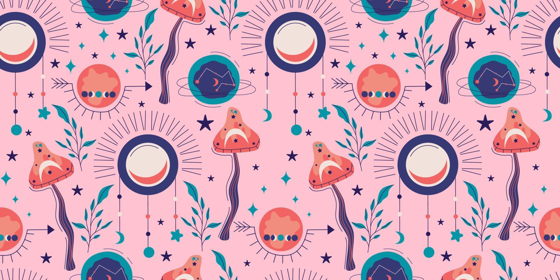 Celestial magic seamless pattern with boho sun. Mystic moon vector illustration. Magic celestial print. Astrology esoteric background