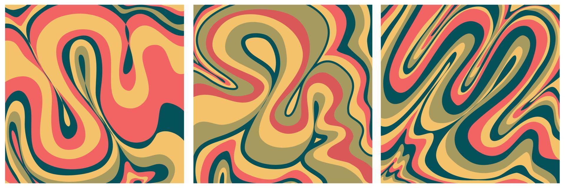 Groovy wave retro background with swirl set collection. Retro color hippy. Simple twirl trendy design. Wavy marble groovy pattern vector