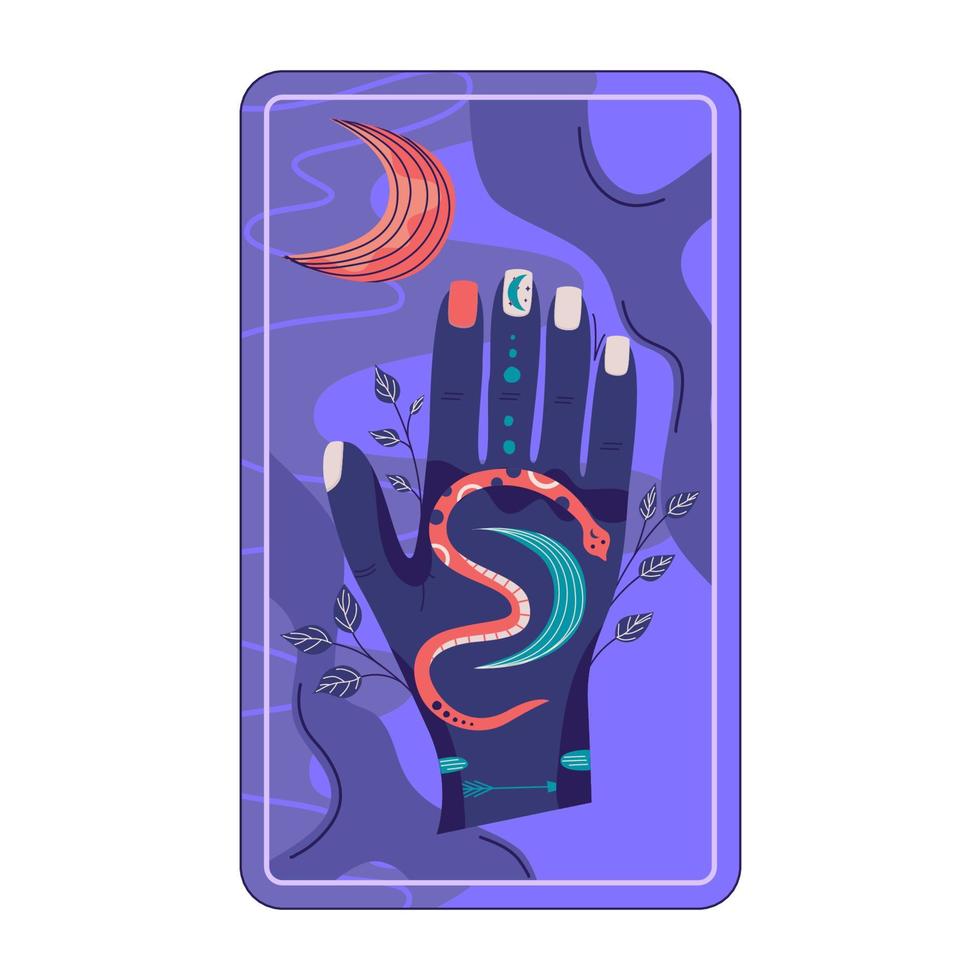 diseño celestial mágico de la carta del tarot. ilustración de vector de luna mística. ilustración vectorial dibujada a mano. carta esotérica del tarot boho con la mano.