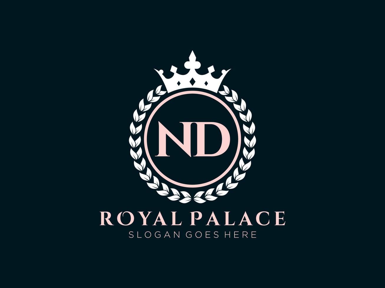 Letter ND Antique royal luxury victorian logo with ornamental frame. vector