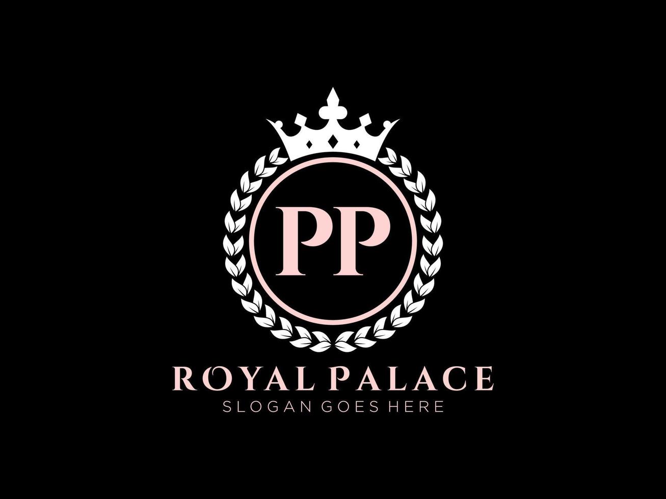 Letter PP Antique royal luxury victorian logo with ornamental frame. vector