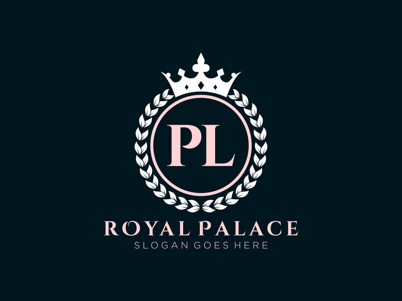 Letter PL Antique royal luxury victorian logo with ornamental frame. vector