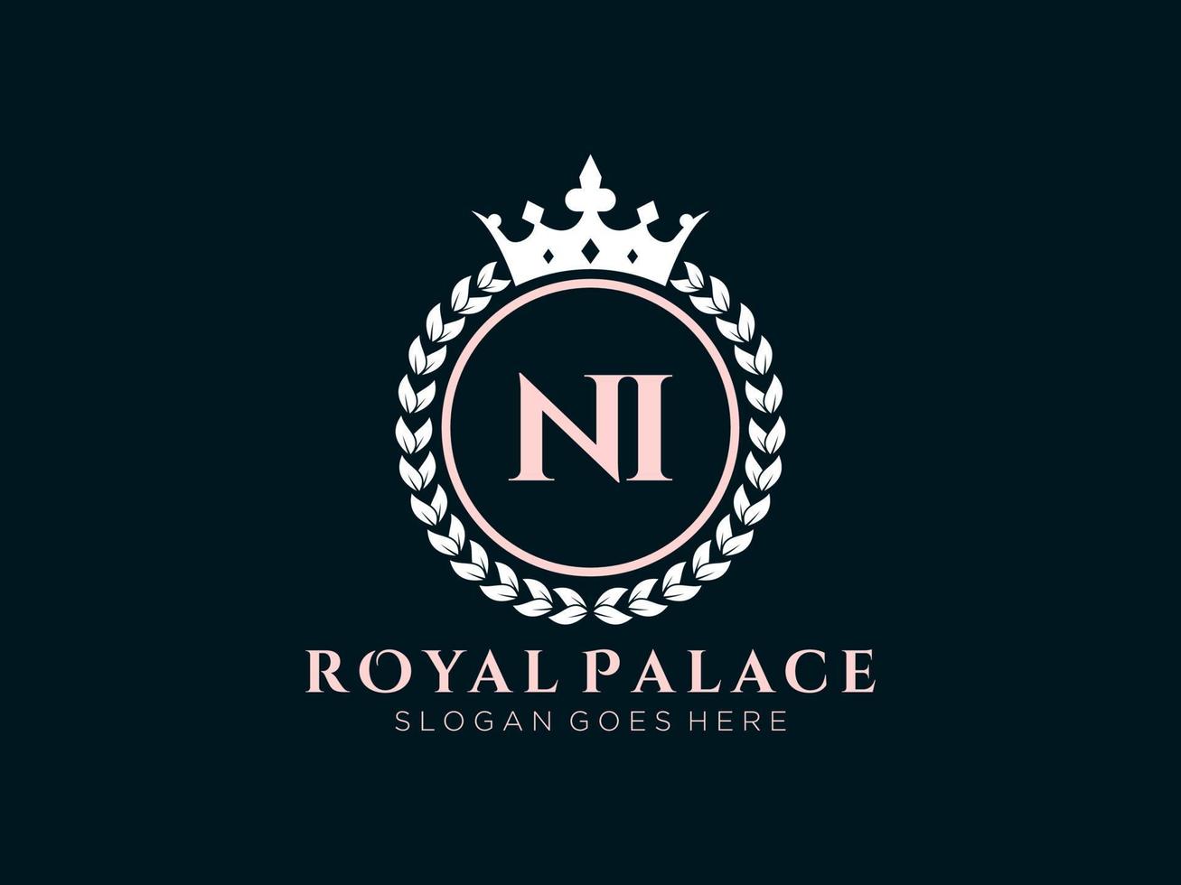 Letter NI Antique royal luxury victorian logo with ornamental frame. vector