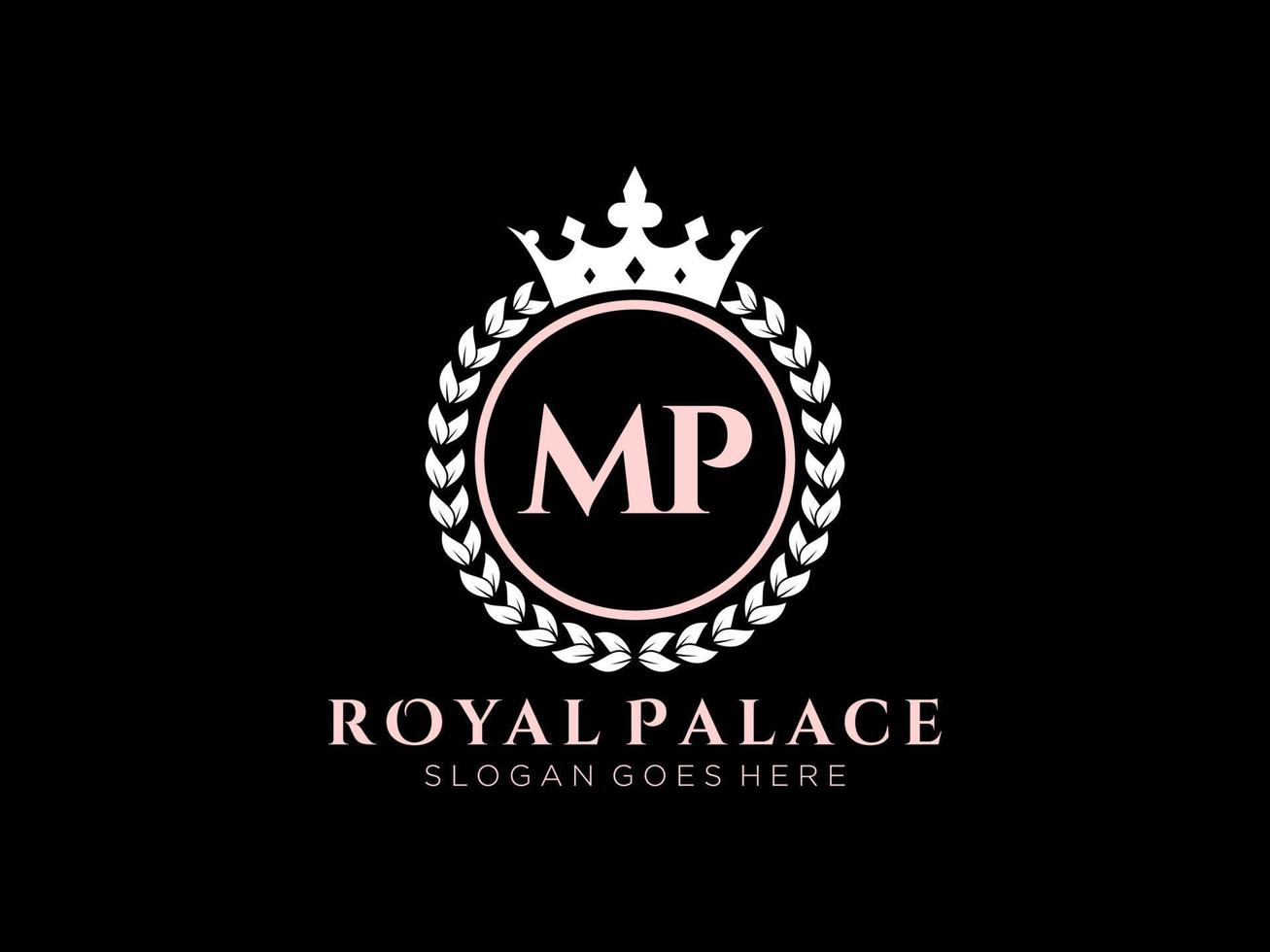 letra mp logotipo victoriano de lujo real antiguo con marco ornamental. vector