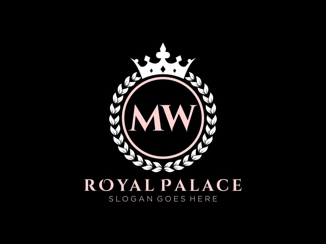 Letter MW Antique royal luxury victorian logo with ornamental frame. vector