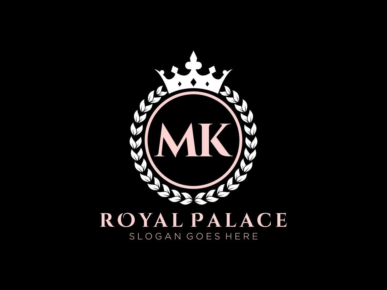 Letter MK Antique royal luxury victorian logo with ornamental frame. vector