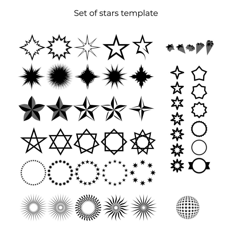 conjunto de plantilla de ilustración de elemento de estrellas. rayos de sol, círculos de adornos antiguos. pasos vectoriales 10. vector