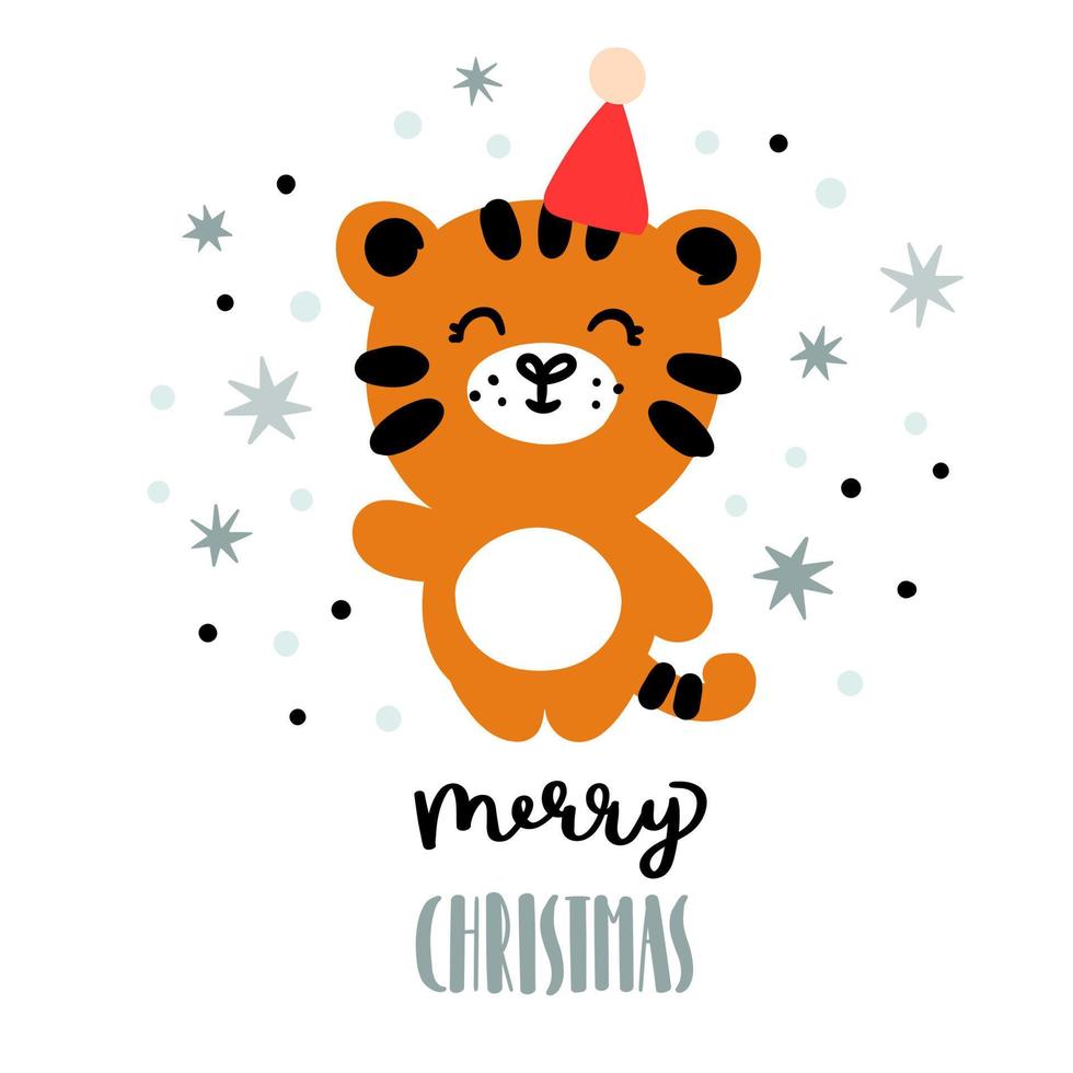 Cute tiger cub in a Christmas hat with the signature Merry Christmas. Chinese Calendar Year Symbol 2022 vector