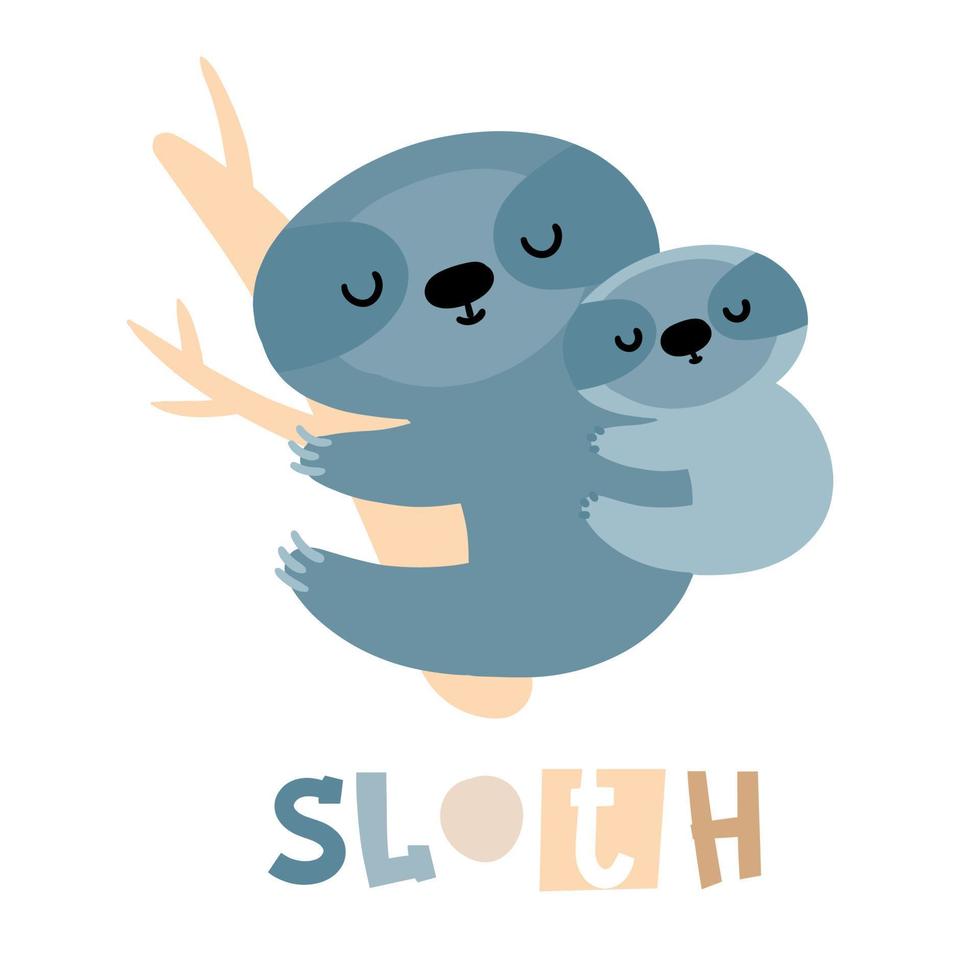 Mom and baby sloths. Cute animal card for alphabet vector