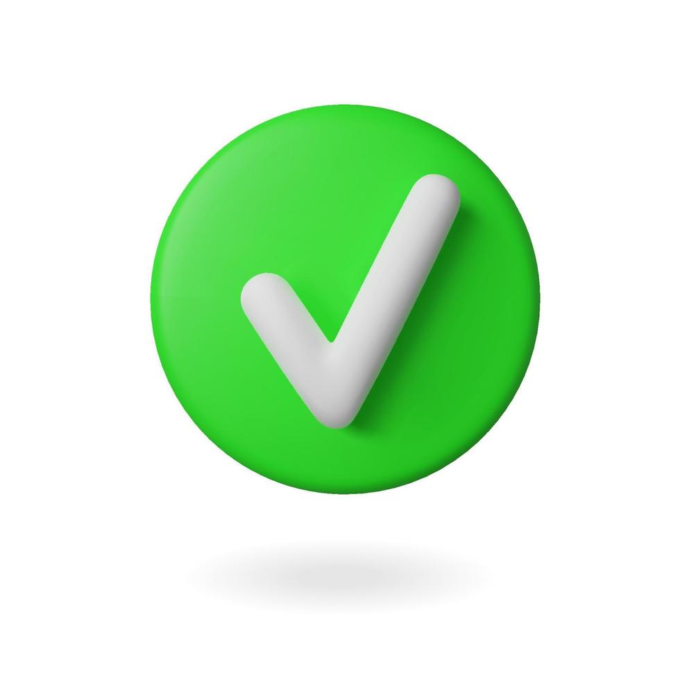 Realistic 3d green round tick button vector icon of a good choice for