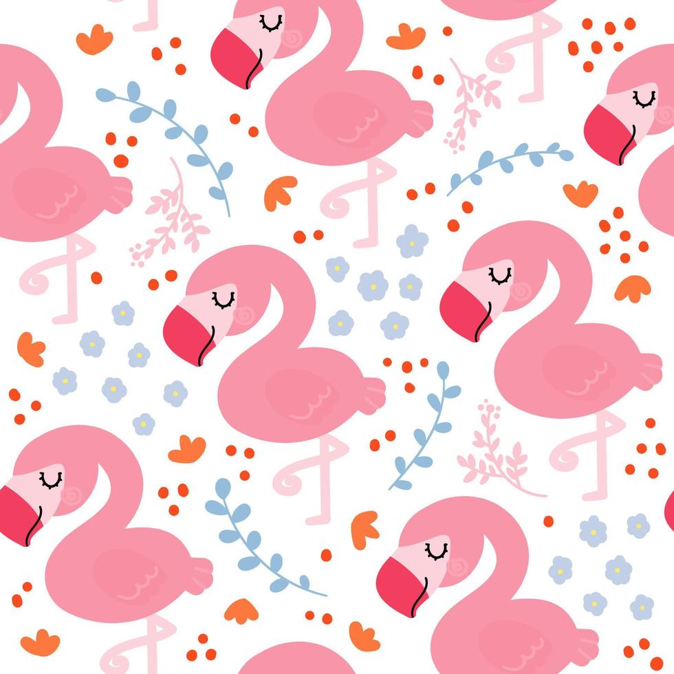 Flamingos for textile children's design. White background. Spring decorative ornament. Tropical birds with flowers.seamless vector pattern.