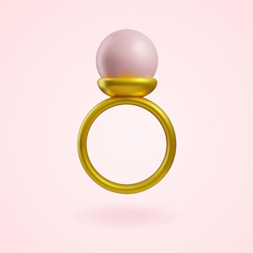 Gold ring with pink pearl 3d. Cute icon in modern style. Vector illustration for wedding design or Valentine's day