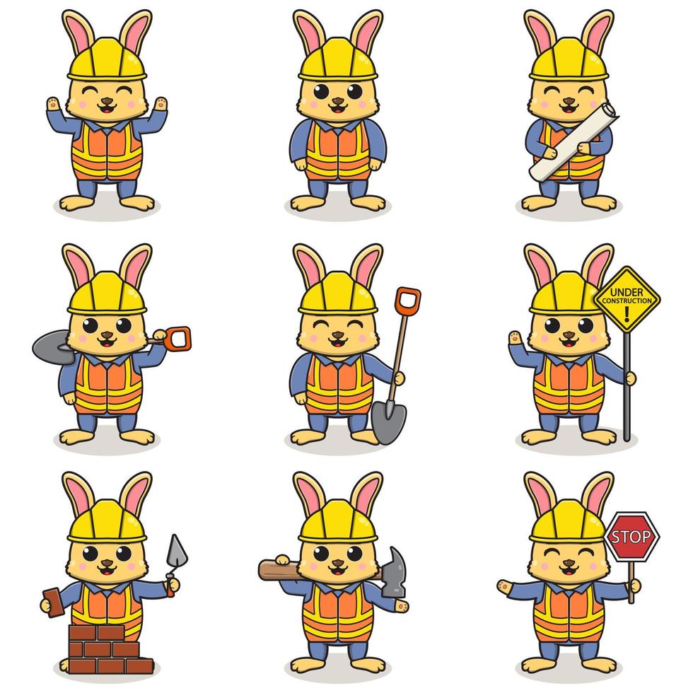 Vector illustration of Rabbit character at construction site. Construction workers in various tools. Cartoon Rabbit characters in hard hat working at building site vector.