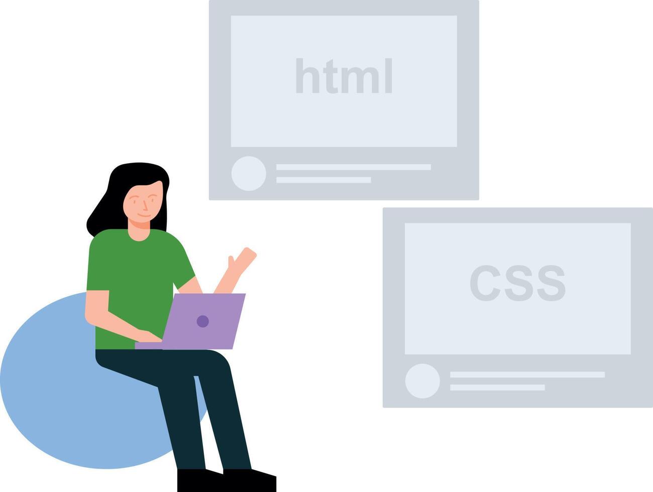 Girl looking at html and CSS on laptop. 13270872 Vector Art at Vecteezy