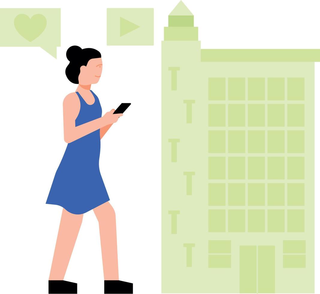 la chica camina y usa el teléfono móvil. vector