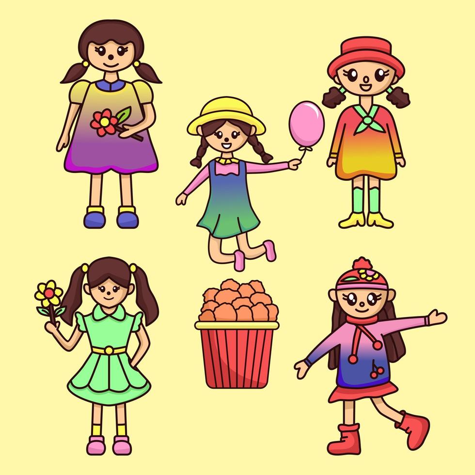 ilustración de vector de paquete de personaje de niña linda