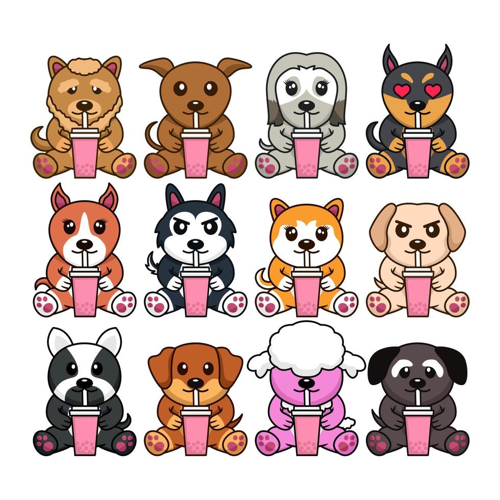 paquete de ilustración vectorial de perros lindos que beben varios tipos de boba vector