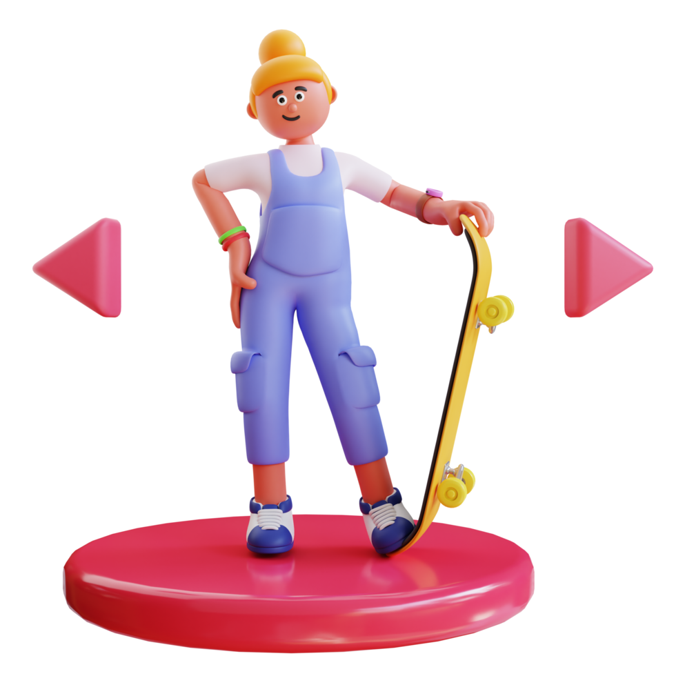 3d render character playing skateboard png