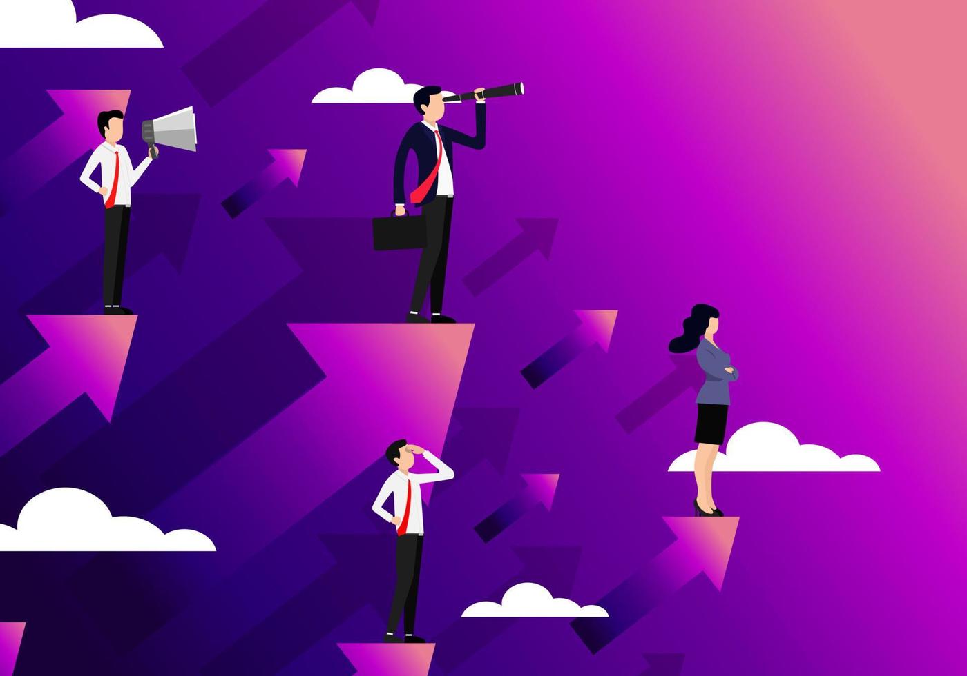Businessman and his team stood on an arrow pointing up. as well as looking for new businesses that are in demand in the market with a team that supports the company's rapid growth vector