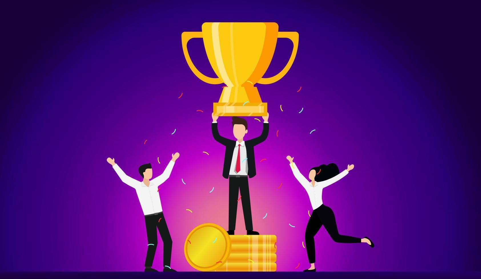 Businessmen stand on medals and trophies with staff showing joy. Leading your business and team to grow and be at the forefront of the business comes with rewards that are both financial and comfort vector