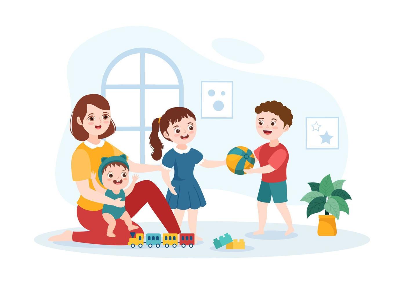 Babysitter or Nanny Services to Care for Provide for Baby Needs and Play with Children on Flat Cartoon Hand Drawn Template Illustration vector