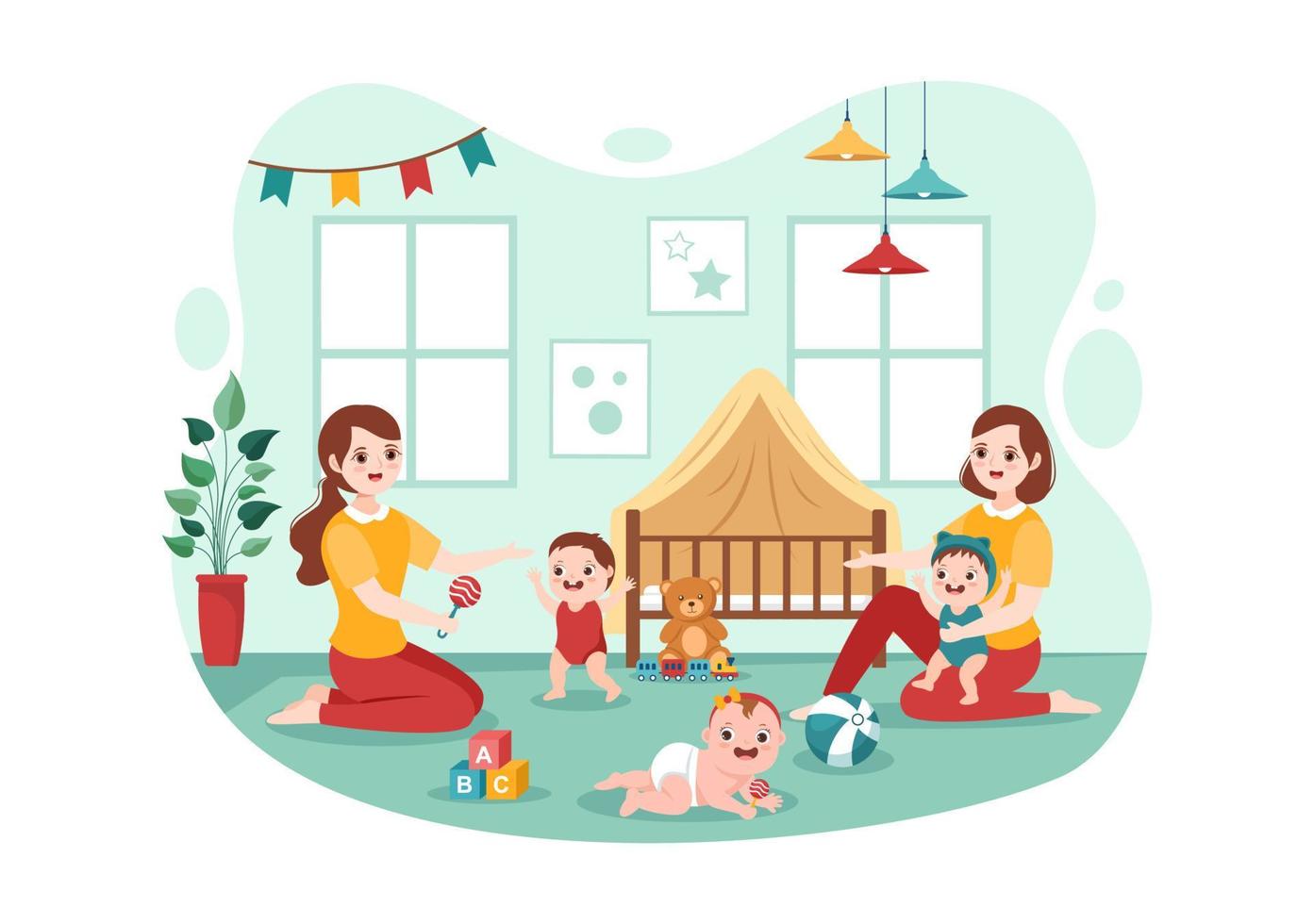 Babysitter or Nanny Services to Care for Provide for Baby Needs and Play with Children on Flat Cartoon Hand Drawn Template Illustration vector