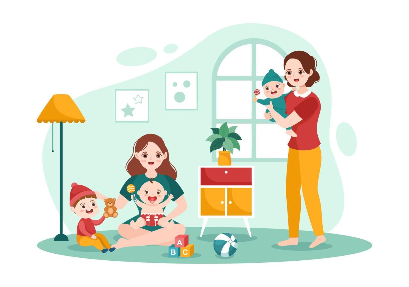 Babysitter or Nanny Services to Care for Provide for Baby Needs and Play with Children on Flat Cartoon Hand Drawn Template Illustration vector