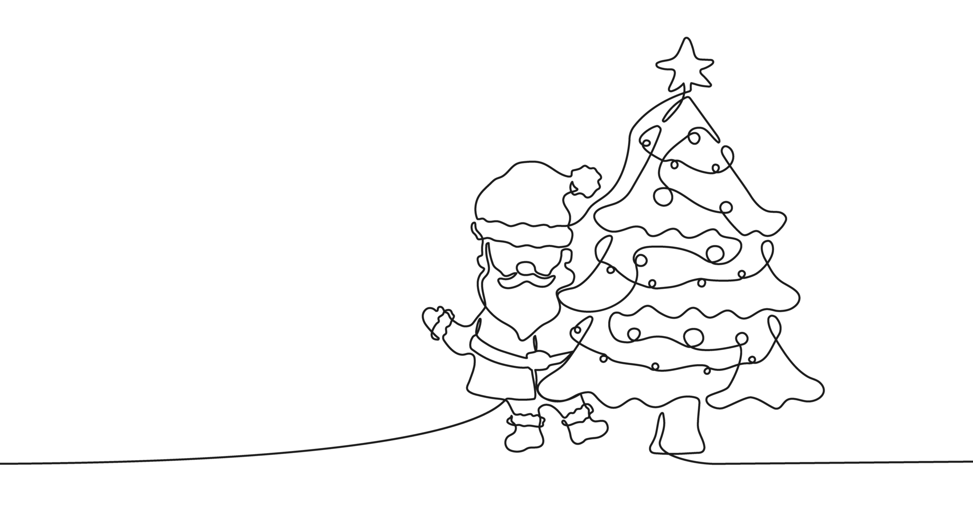 Continuous one line drawing of Santa Claus and christmas tree. Festive concept with christmas 
