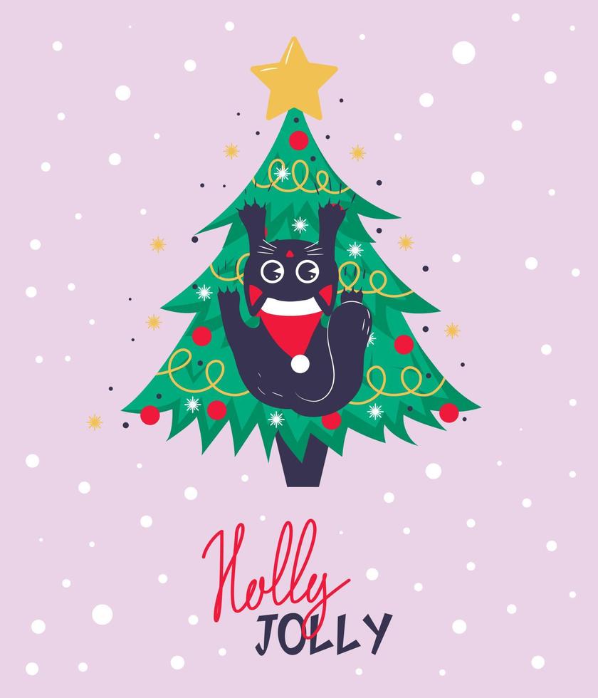 Christmas card, banner or poster template with christmas tree and cute black cat climbing on it with holly jolly lettering vector