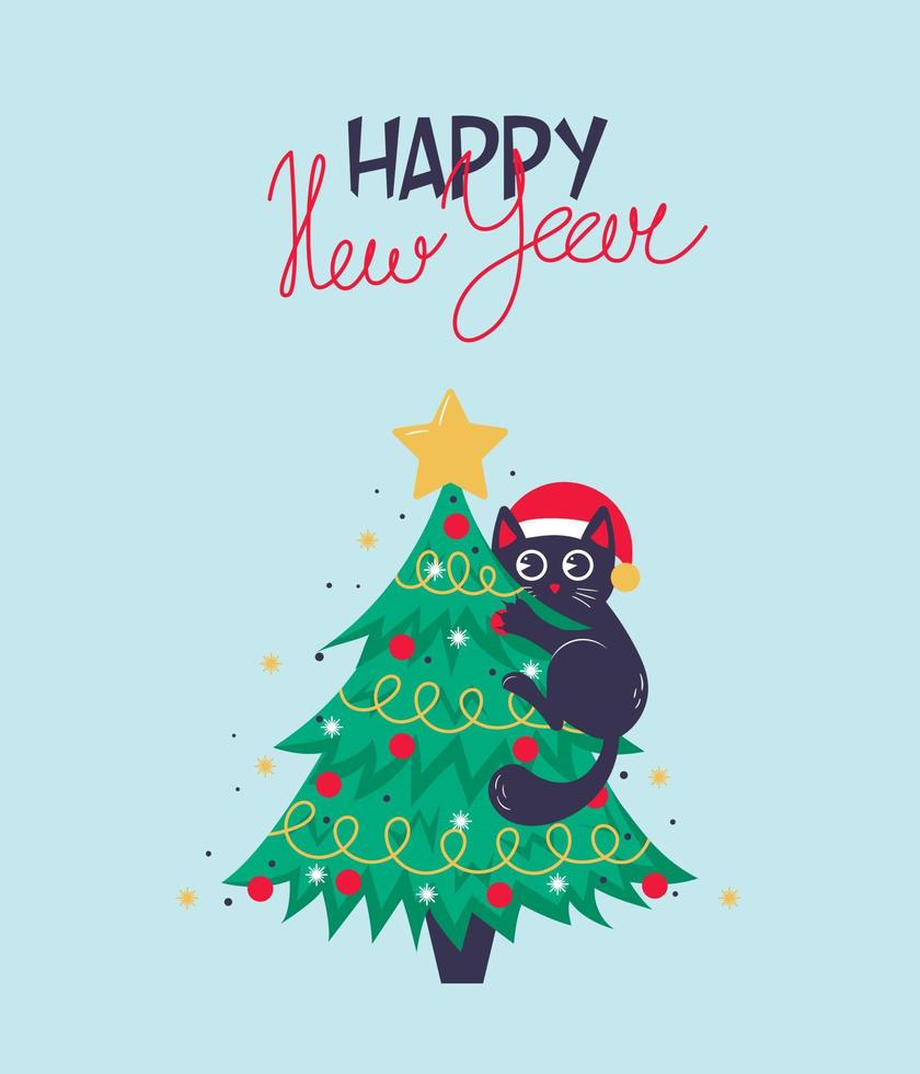 plantilla de tarjeta de navidad, pancarta o afiche con árbol de navidad y lindo gato negro trepando en él con letras de feliz año nuevo vector