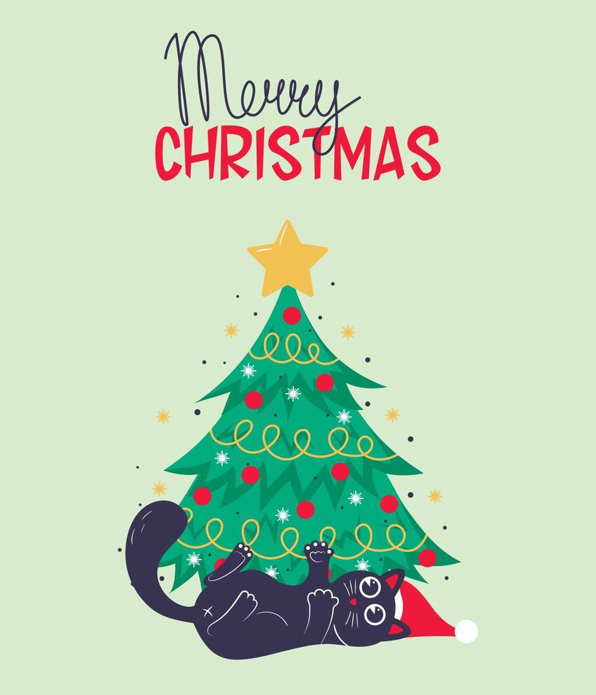 Christmas card, banner or poster template with christmas tree and cute black cat lying under it and playing with merry christmas lettering vector