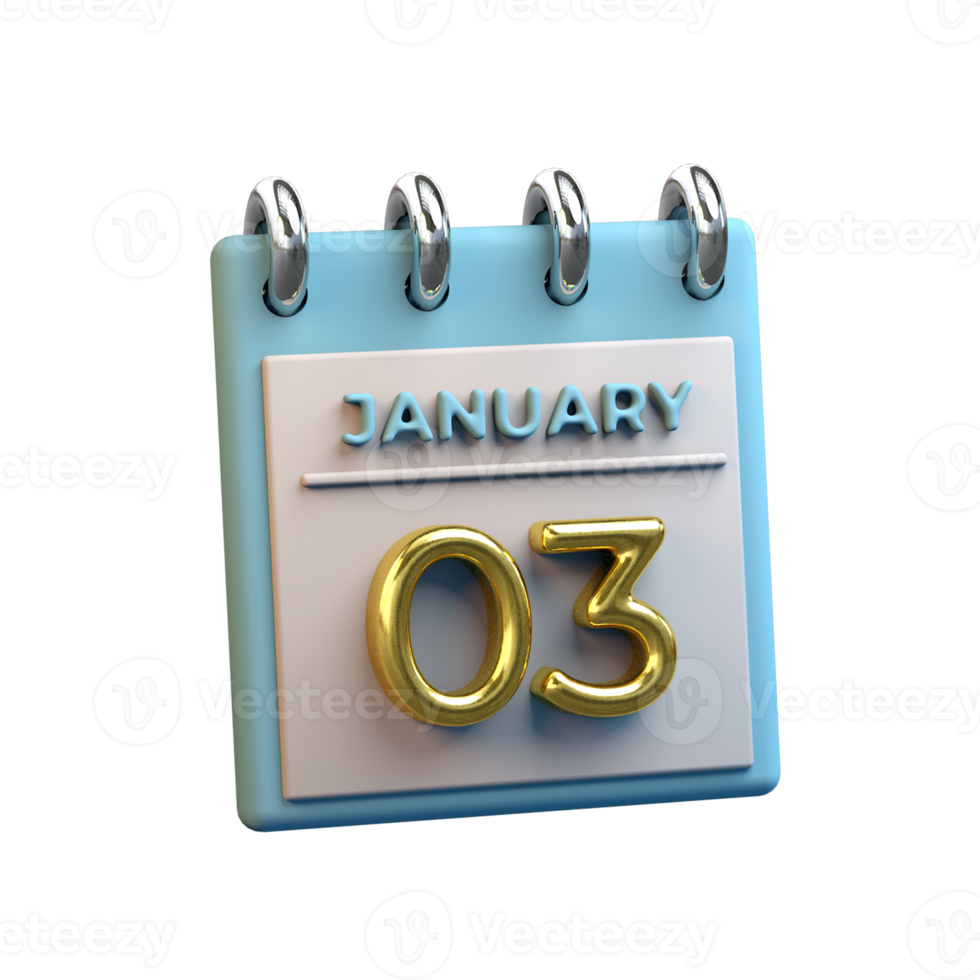 Monthly Calendar 03 January 3D Rendering png