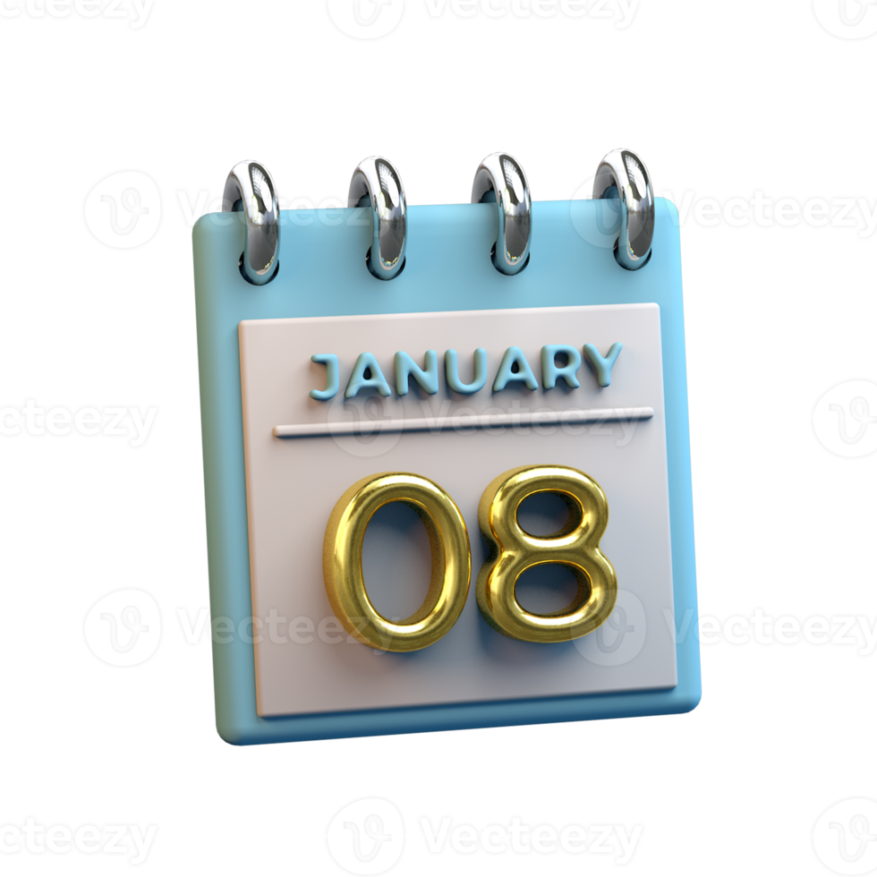 Monthly Calendar 08 January 3D Rendering png