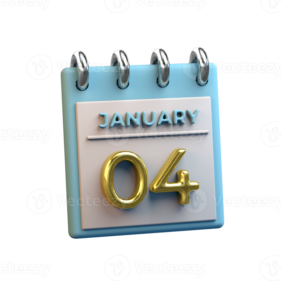 Monthly Calendar 04 January 3D Rendering png
