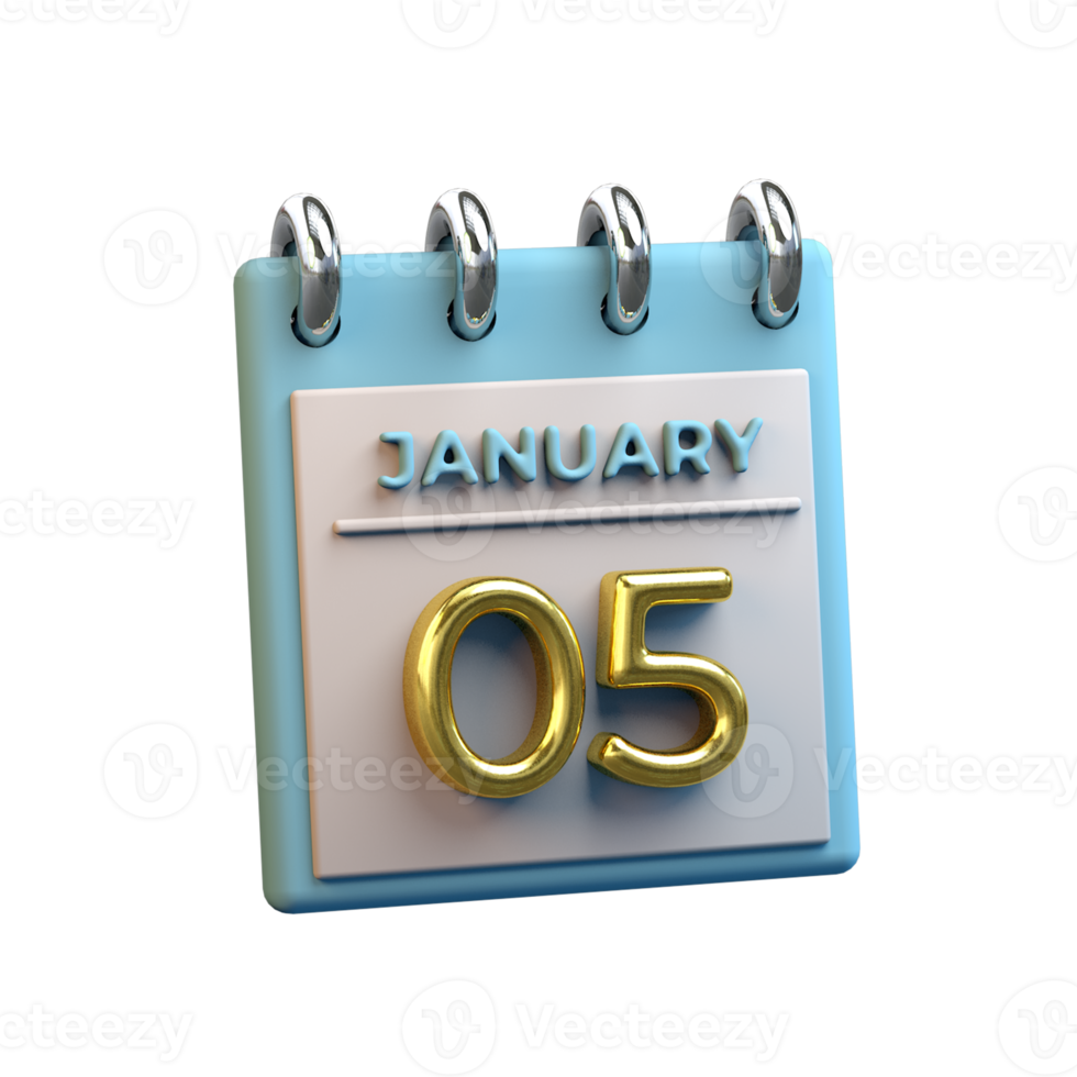 Monthly Calendar 05 January 3D Rendering png