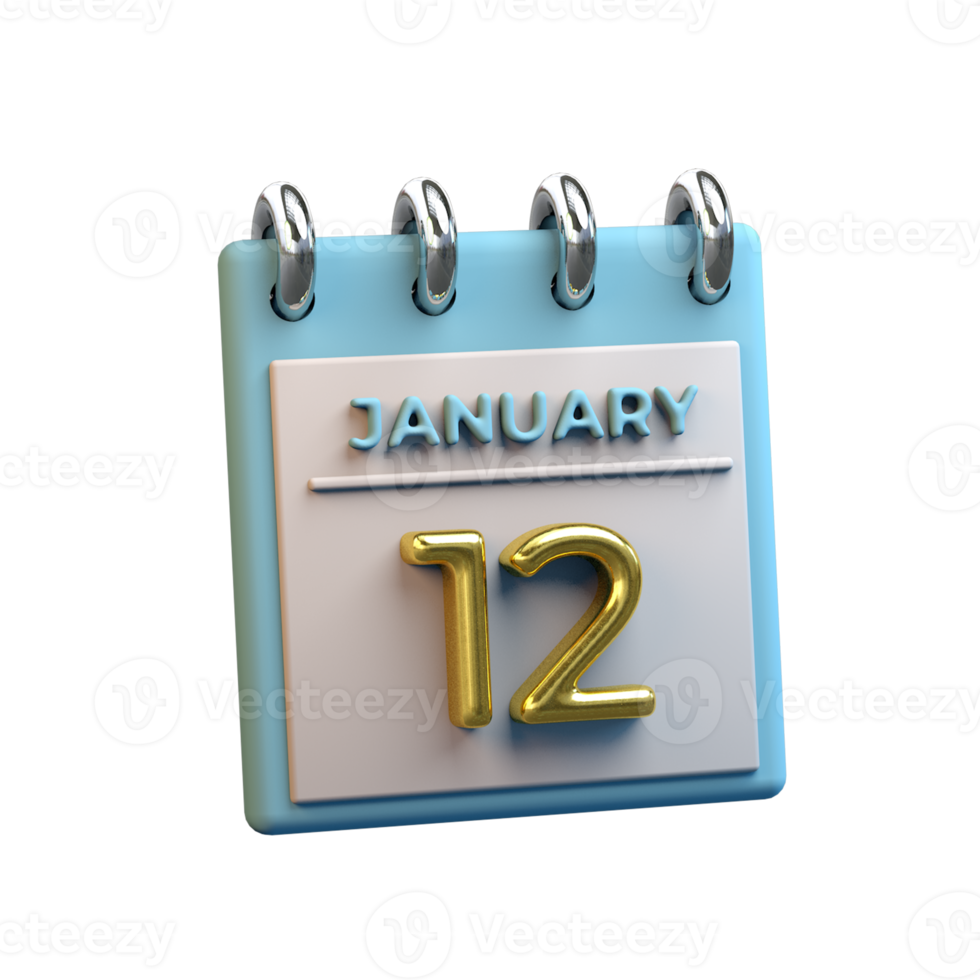 Monthly Calendar 12 January 3D Rendering png