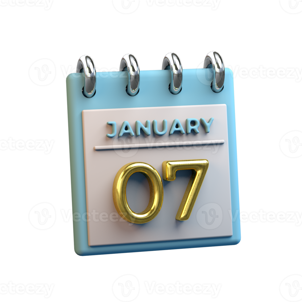 Monthly Calendar 07 January 3D Rendering png