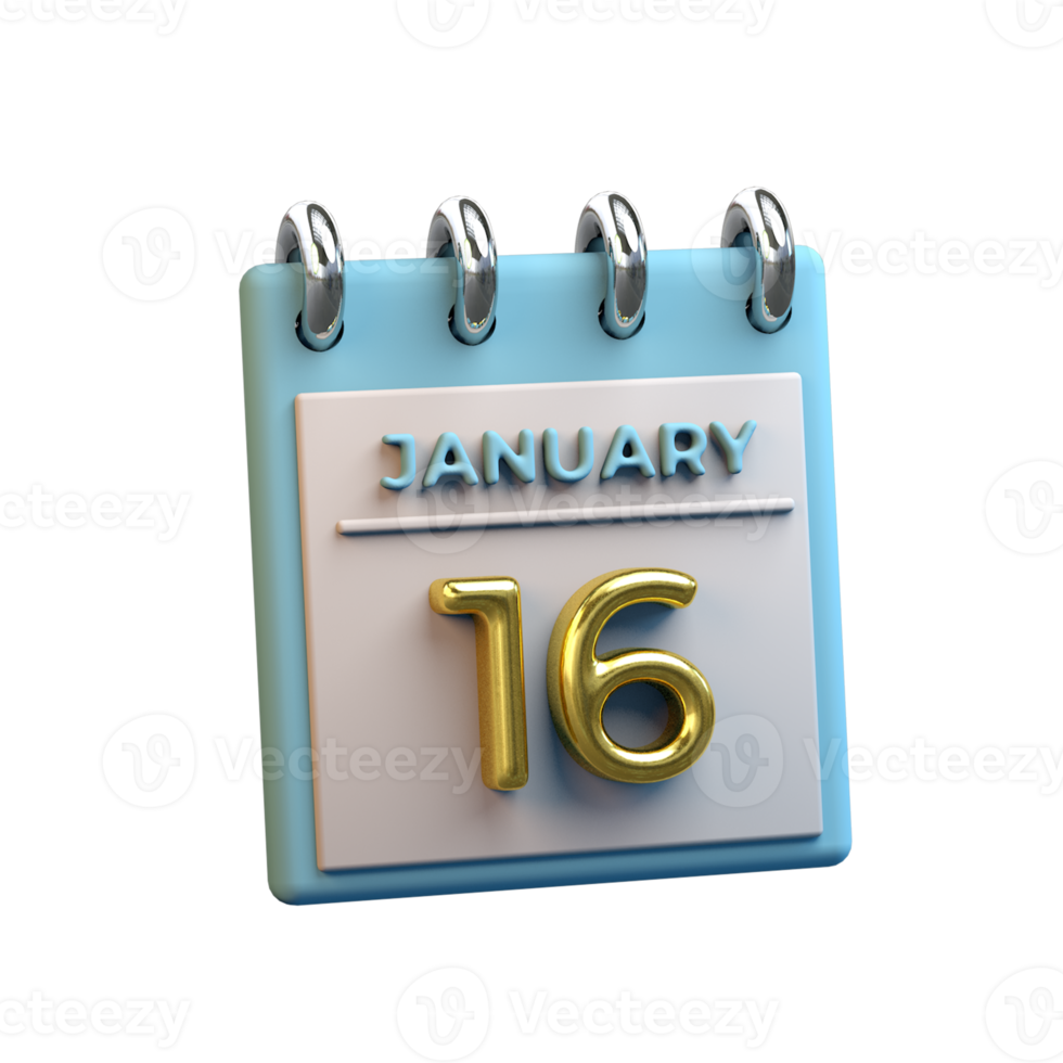 Monthly Calendar 16 January 3D Rendering png