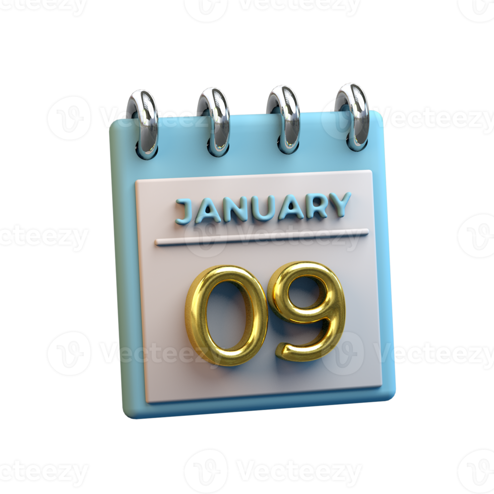 Monthly Calendar 09 January 3D Rendering png