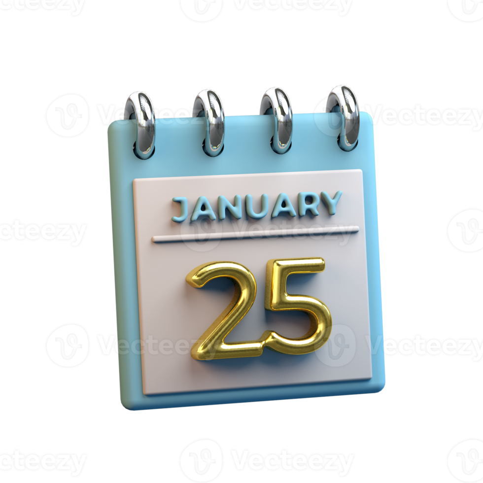 Monthly Calendar 25 January 3D Rendering png