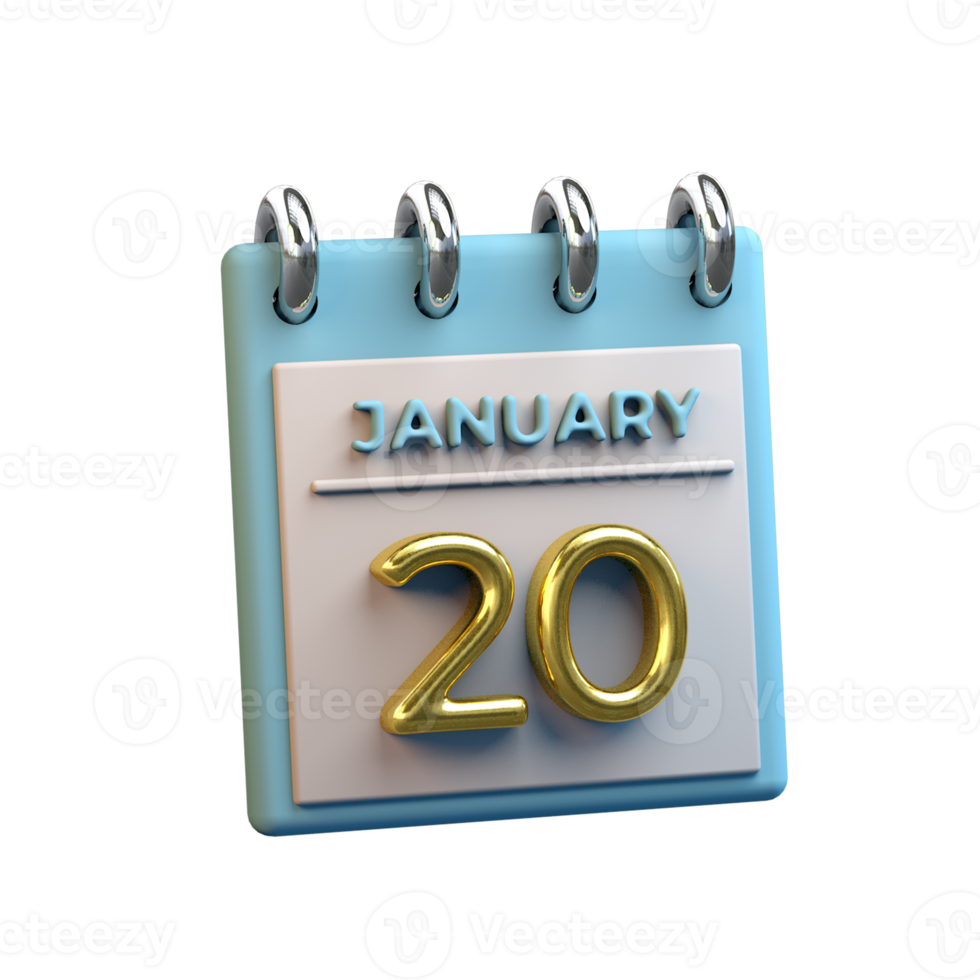 Monthly Calendar 20 January 3D Rendering png