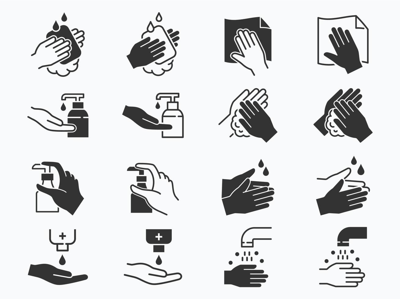 Hand washing icons set. Black vector illustration.