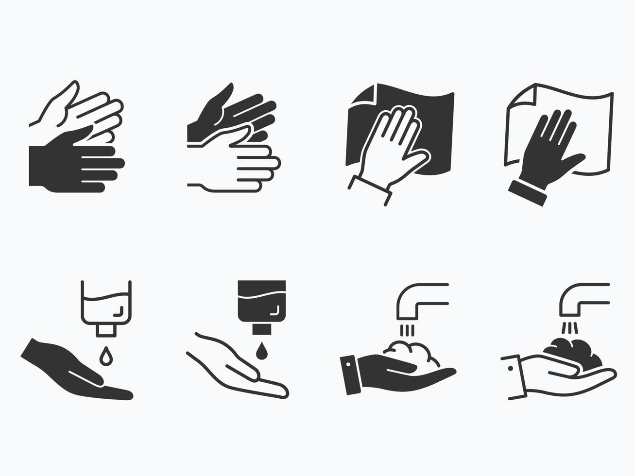 Hand wash icons set. Black vector illustration.