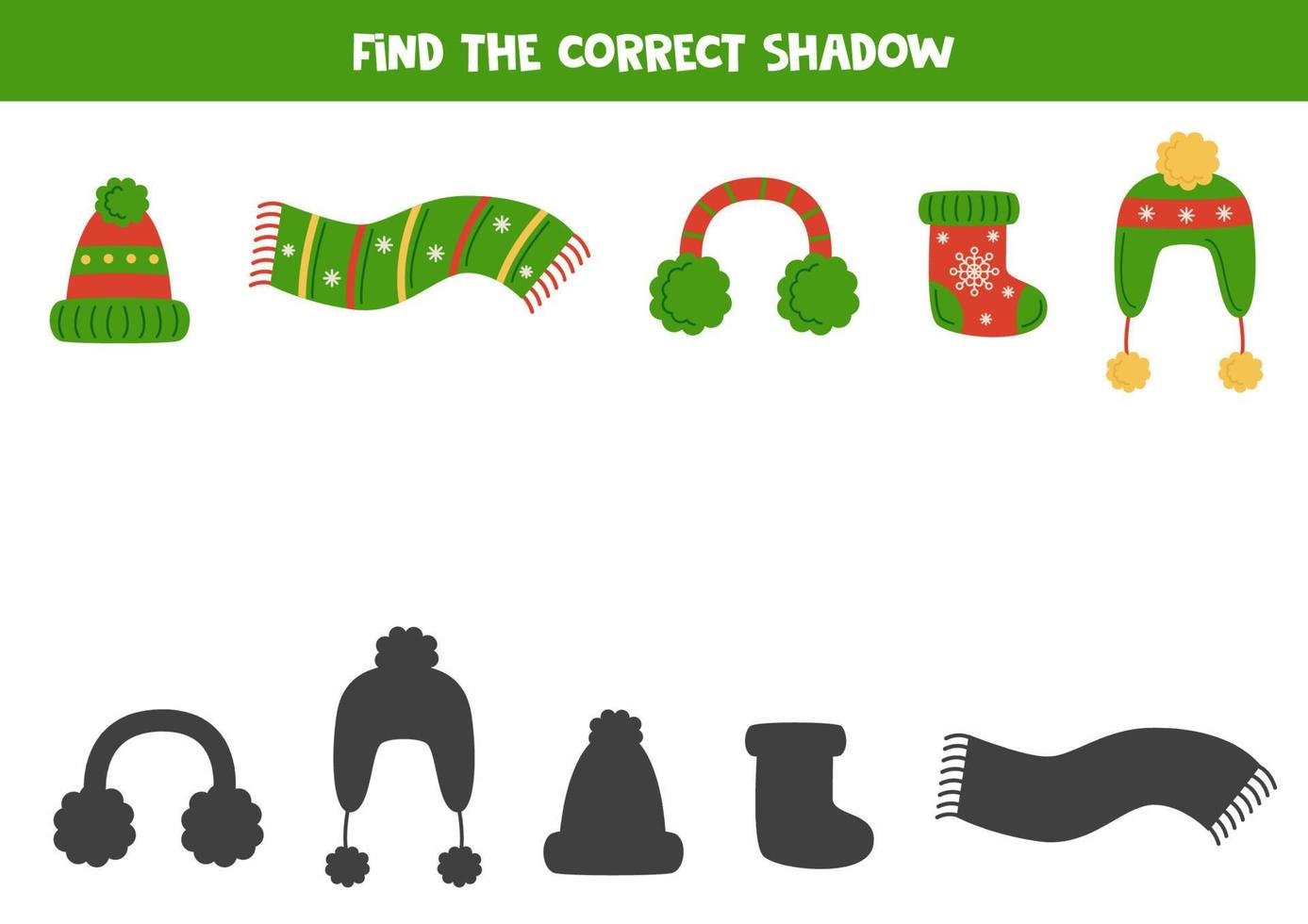 Find the correct shadows of green warm clothes. Logical puzzle for kids. vector