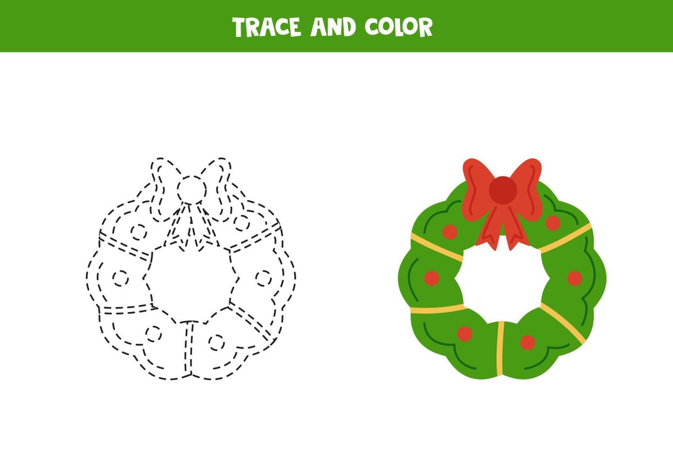 Trace and color cute Christmas wreath. Worksheet for children. vector