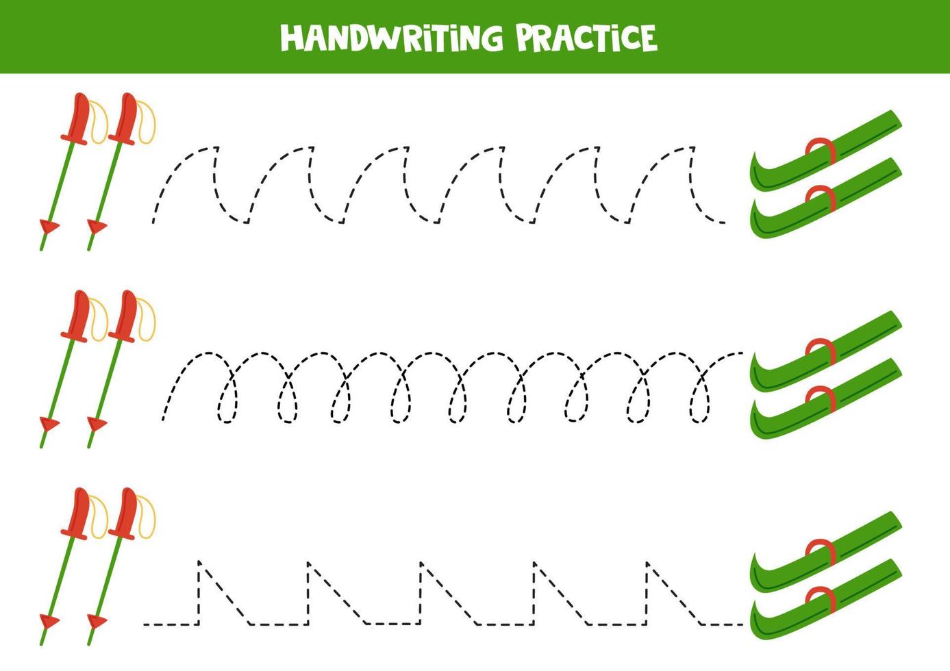 Tracing lines for kids. Ski and ski poles. Writing practice. vector