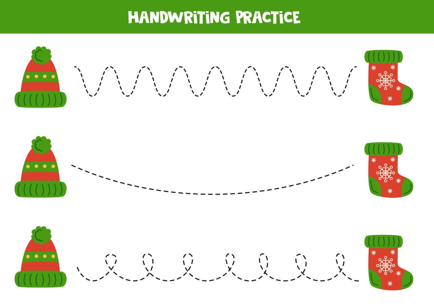 Tracing lines for kids. Christmas cap and sock. Writing practice. vector