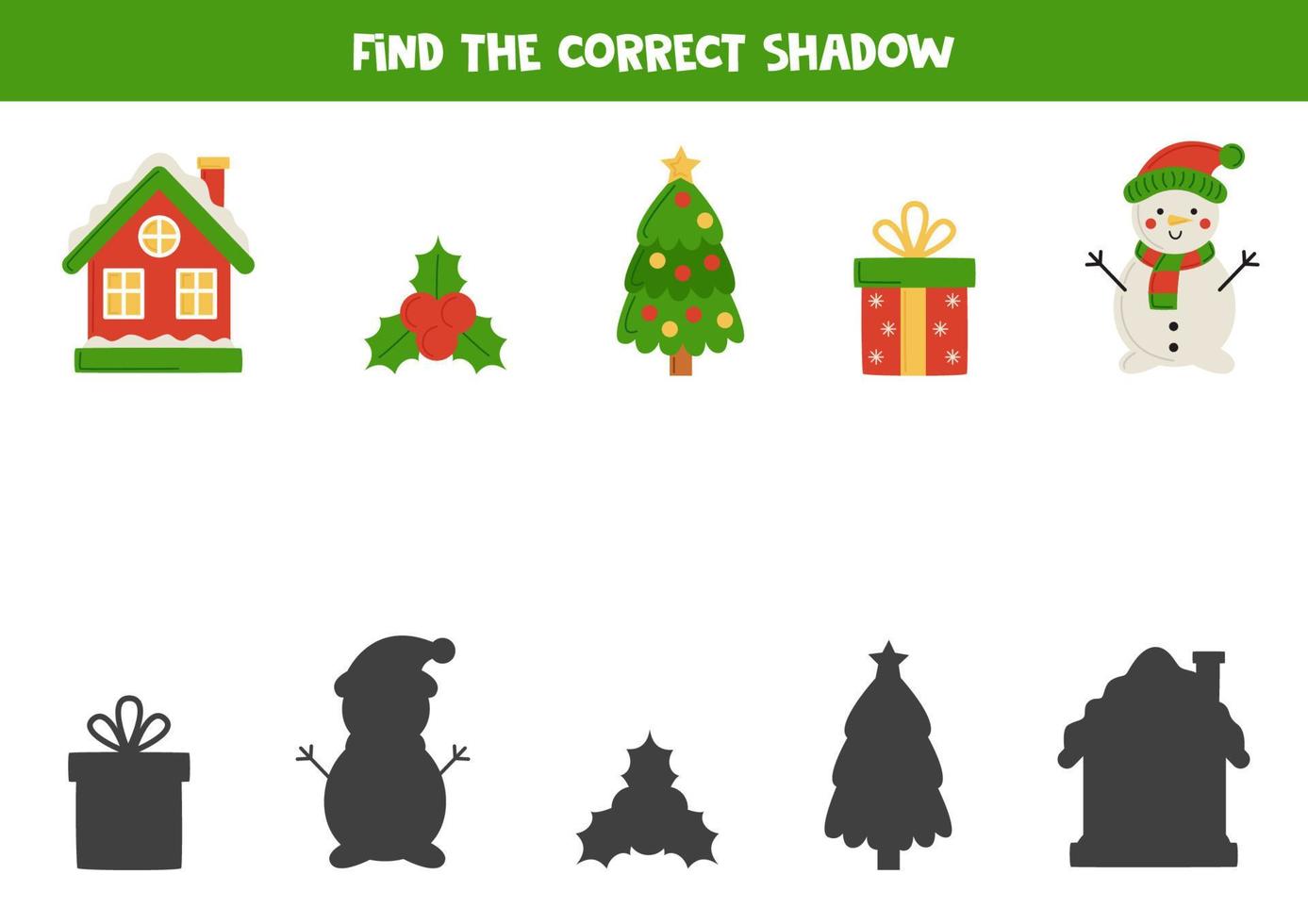 Find the correct shadows of cute Christmas elements. Logical puzzle for kids. vector